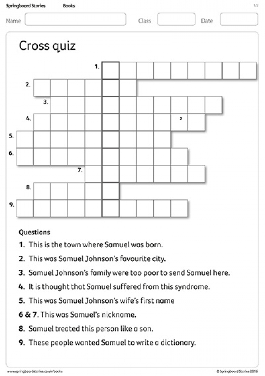 Samuel Johnson cross quiz primary resource
