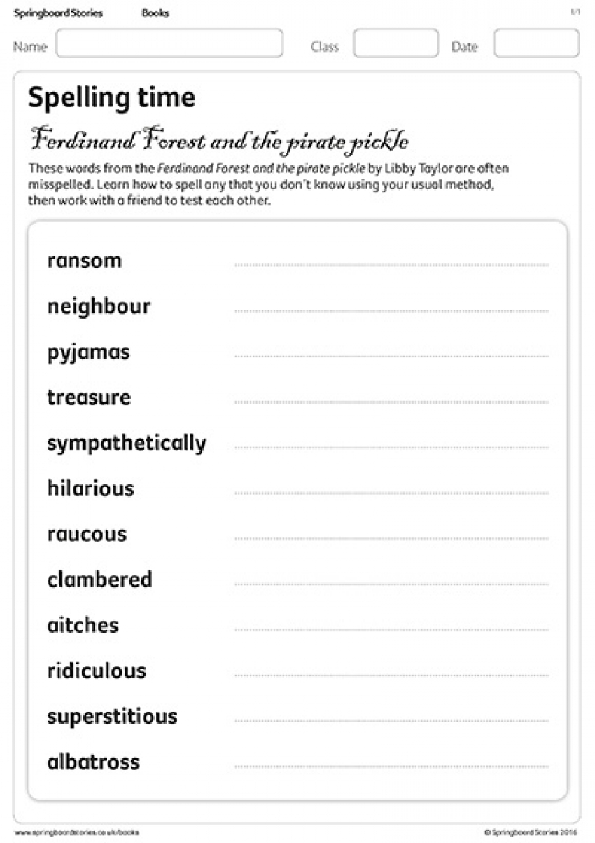 Ferdinand Forest and the pirate pickle spelling resource sheet