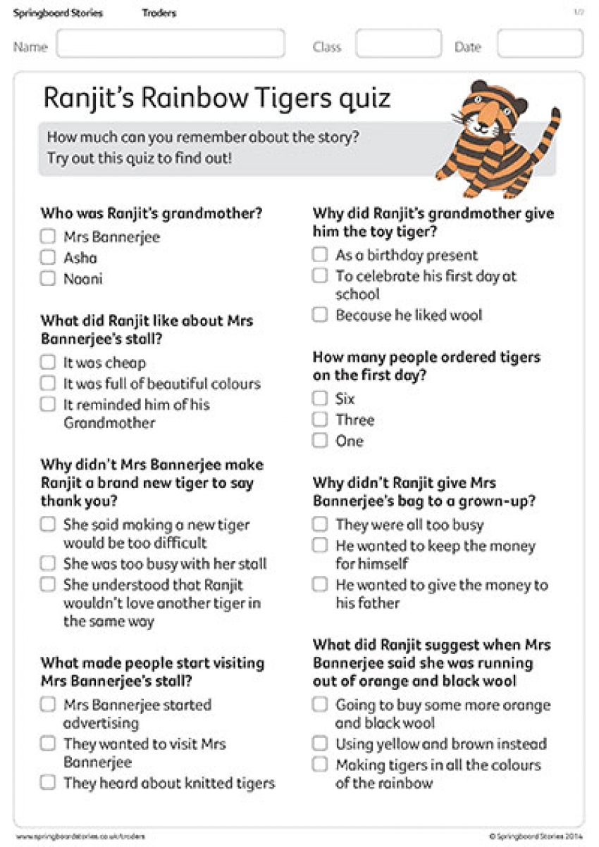 Ranjit's Rainbow tigers primary comprehension resource