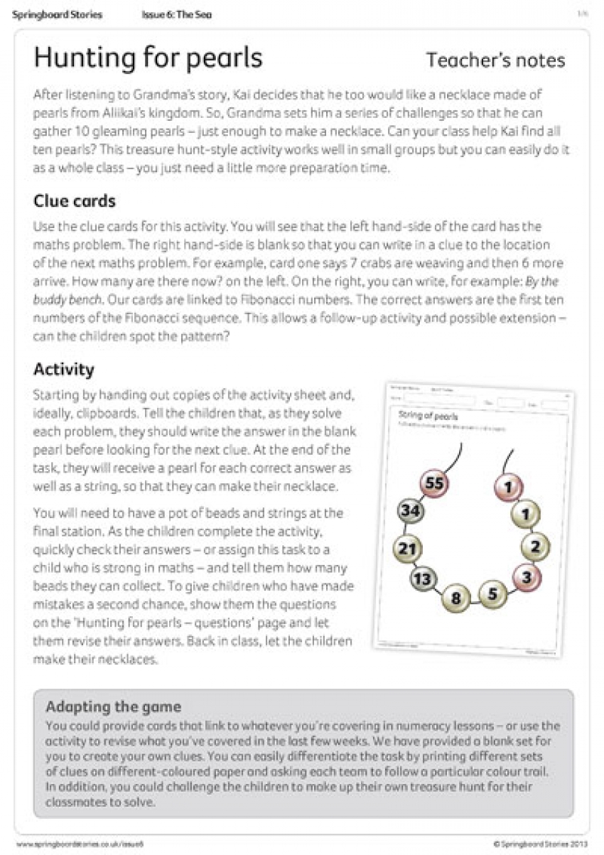 Hunting for pearls primary activity sheet